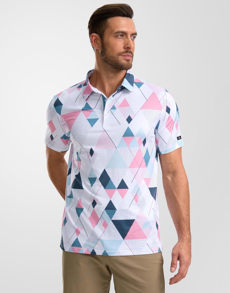 Obla Mens Golf Polo Shirts Short Sleeve Dry Fit Performance Moisture Wicking Casual Print Collared Golf Shirts for Men(White Pink Geometry_S)