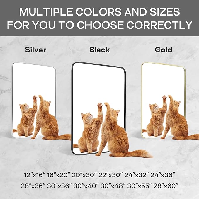 Wall Mount Mirror for Bathroom, Brushed Silver Metal Framed Rounded Corner Rectangular Vanity Mirror (24" x 36", Silver)
