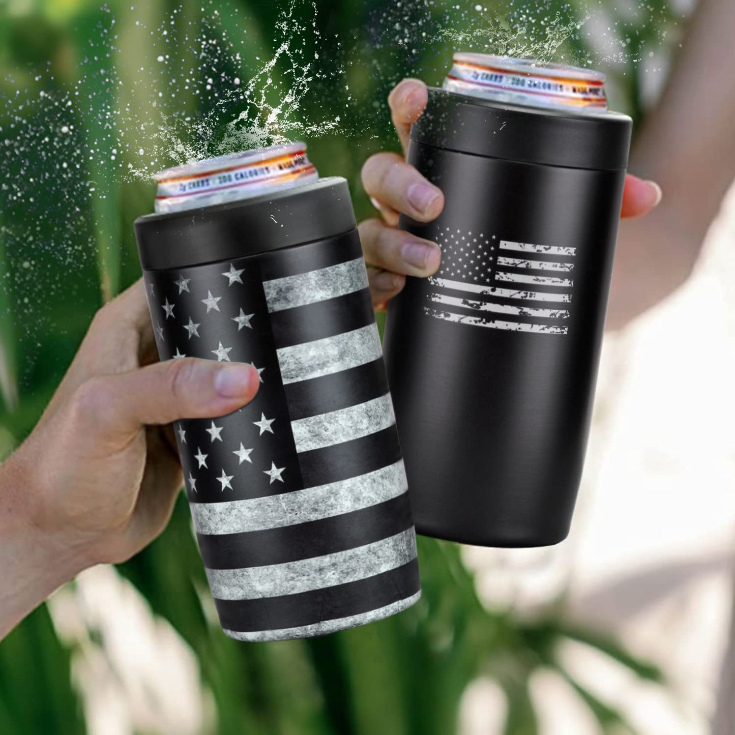 4-in-1 Slim Can Cooler Easy to Hold Insulated Beer Can Holder Double-walled Stainless Steel for All 12 Oz Cans Gift (Black America Flag 2)