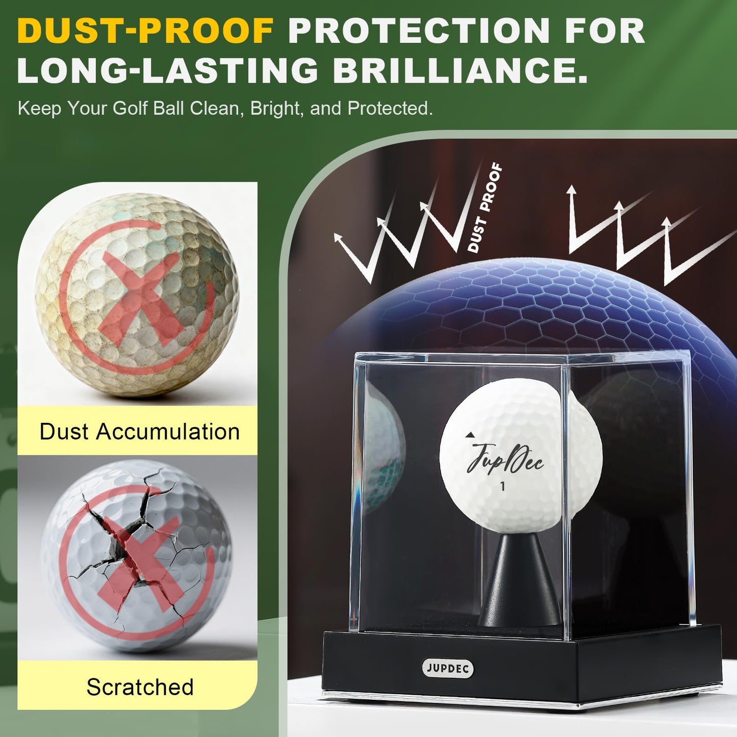 JupDec Golf Ball Display Case, Clear Acrylic Single Golf Holder with Durable Base, Dustproof Cube Showcase with Black Velvet Interior, Ideal Gift for Sports Memorabilia Fans & Collectors