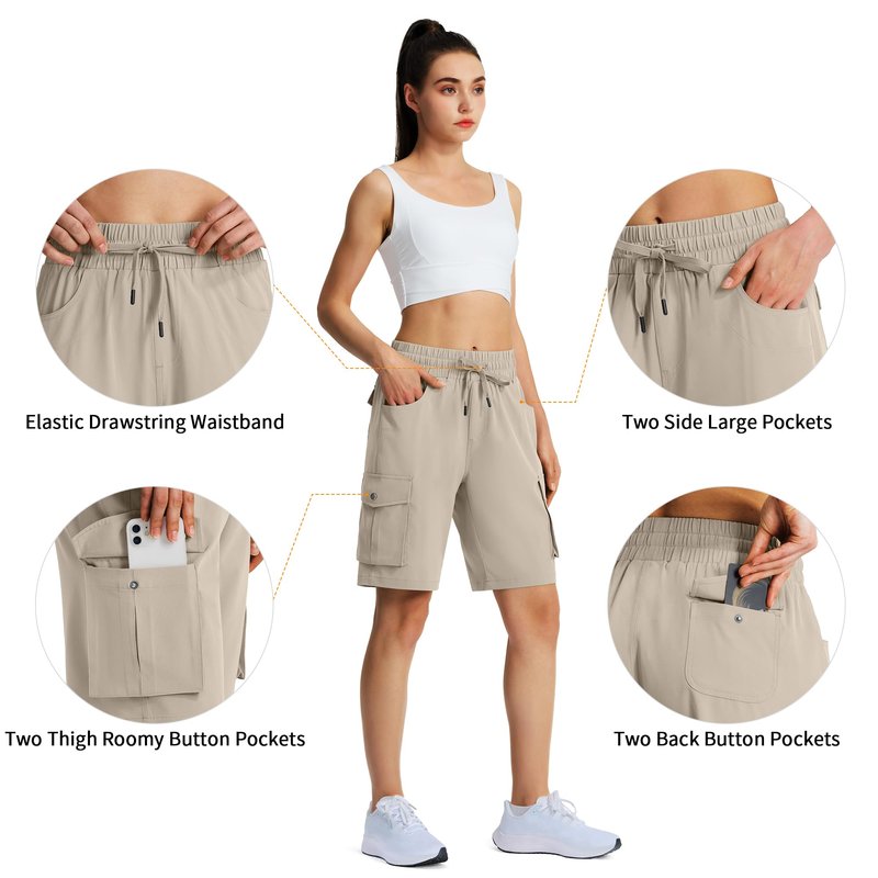 Hugut Women's 9" Hiking Cargo Shorts Quick Dry Lightweight Summer Shorts for Camping Travel Golf 6 Pockets Khaki
