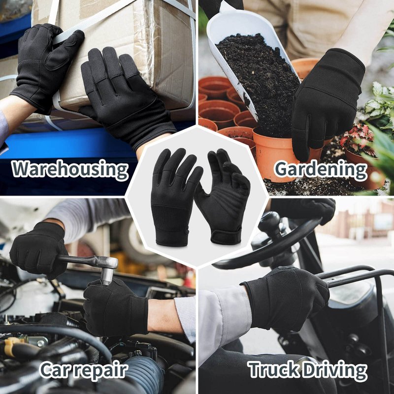 OZERO Medium Black Synthetic Leather Utility Gloves for Men and Women - Touch Screen Sensitive, Padded Knuckles, Adjustable Closure