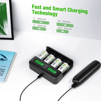 EBL Rechargeable C Batteries (4 Pack) and LCD Smart Battery Charger for Ni-MH AA AAA C D Rechargeable Batteries