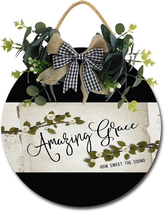 Amazing Grace Front Door Sign Funny Wreaths Hanging Wooden Plaque Decoration Round Rustic Wood Farmhouse Porch Decor for Home Front Door Decor, 11 x 11 Inch