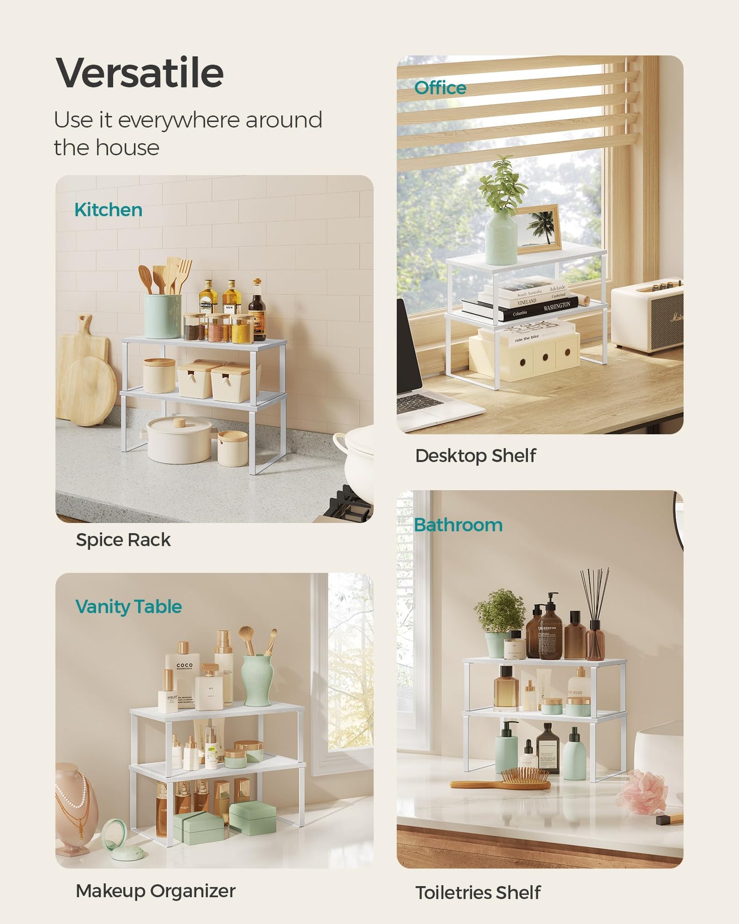 SONGMICS Cabinet Organizer Shelf, Set of 2 Kitchen Counter Shelves, Kitchen Storage, Spice Rack, Stackable, Expandable, Metal and Engineered Wood, Ink Black and Natural Beige UKCS02NB