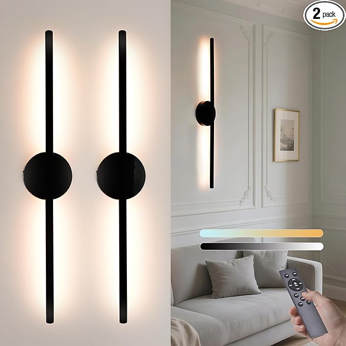 Wireless Wall Sconces Set of 2 Led，28Inch Battery Operated Wall Lights with Remote Control，360°Rotate Dimmable Wall Lamps for Living Room, Bedroom and Hallway (Black)