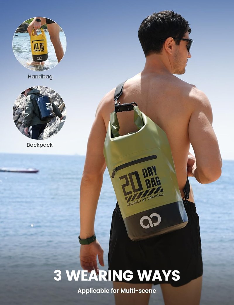 Lamicall Waterproof Dry Bag - 20L Floating Roll Top Backpack with Phone Pouch | Green