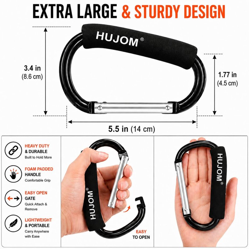 Stroller Hooks 2 Pack Heavy Duty Large Carabiner Clips for Bags & Baby Gear