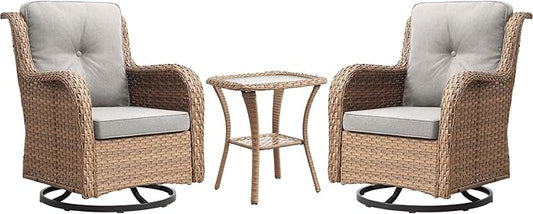 Rilyson Patio Chairs Rocking Swivel Chiar - 3 Piece Outdoor Wicker Patio Bistro Set Rattan Rocker Glider Chairs with High Back and Deep Seating for Outside Porch Deck Garden(Yellow/Beige)