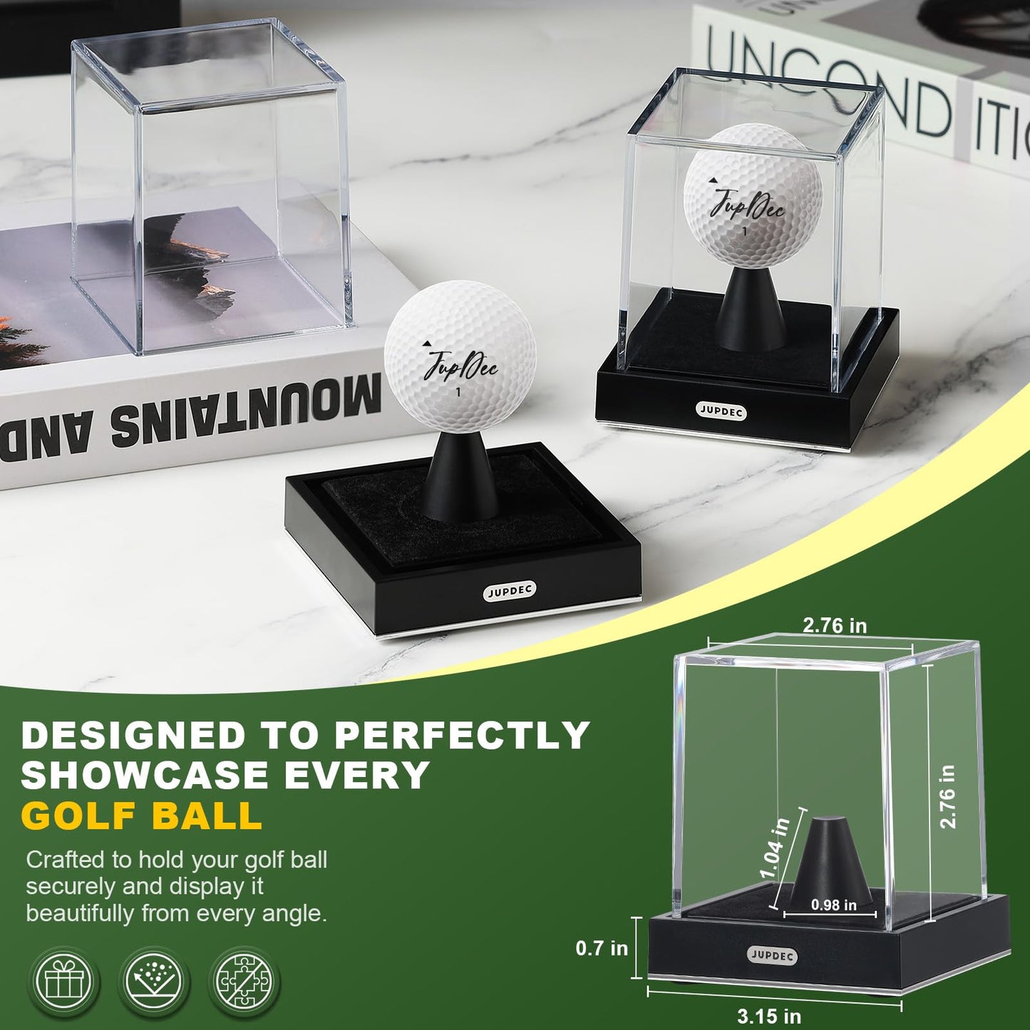 JupDec Golf Ball Display Case, Clear Acrylic Single Golf Holder with Durable Base, Dustproof Cube Showcase with Black Velvet Interior, Ideal Gift for Sports Memorabilia Fans & Collectors