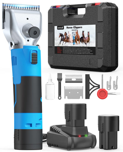 oneisall Cordless Horse Clippers with 2 Batteries, Heavy Duty Horse Grooming Kit for Thick Hair, Detachable Stainless Steel Blade, Professional Pony Grooming Clippers