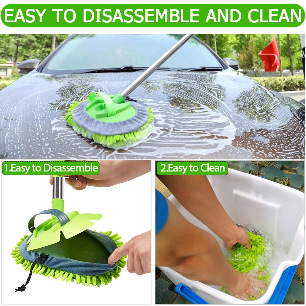 WillingHeart 47.5" Car Wash Brush Mop Cleaning Tool with Long Handle Kit for Washing Detailing Cars Truck, SUV, RV, Trailer, Boat 2 in 1 Chenille Microfiber Sponge Duster Not Hurt Paint Scratch Free