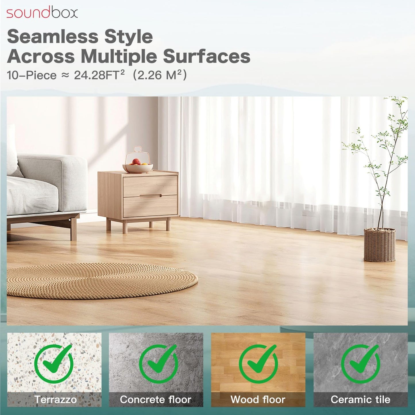 Soundbox Noise Reducing Floor Mats 10PCS, Quiet Wood Grain Vinyl Floor Tiles 48x7.3 Inch, Waterproof Anti-Slip Floor Covering,Easy Lay Installation for Bedroom, Living Room