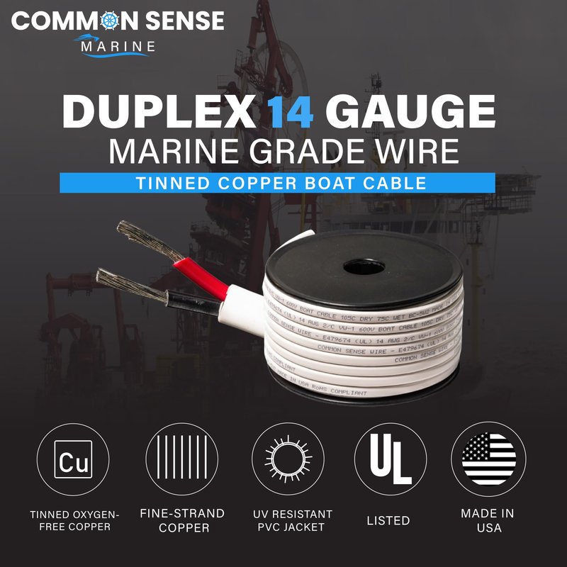 14 Gauge 2 Conductor Marine Wire - 200 ft Duplex Flat Marine Grade Wire Tinned Copper Oxygen-Free Insulated - 14/2 AWG UL 1426 Standard PVC Wire for Boat, Automotive, Speakers, Camper & Trailers