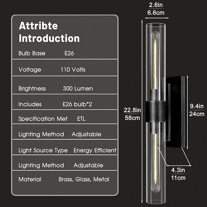 Bronze Vanity Light Sconce, 2-Light Bathroom Wall Sconce Over Mirror, Black Vanity Lights for Bathroom, Dimmable Wall Sconces with Glass Tube, Indoor Linear Wall Sconce for vertical and horizontal