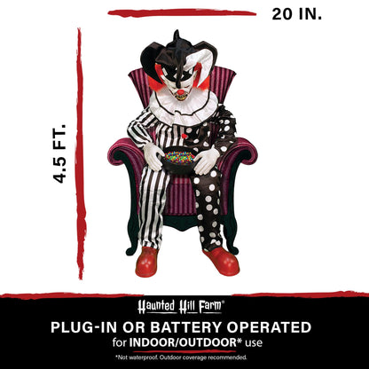 Haunted Hill Farm Hartley The Sitting Scare Clown by Tekky, Motion-Activated Talking Jump-Scare Halloween Animatronic for Halloween Party Prank Decoration, Plug-in or Battery Operated Halloween Props