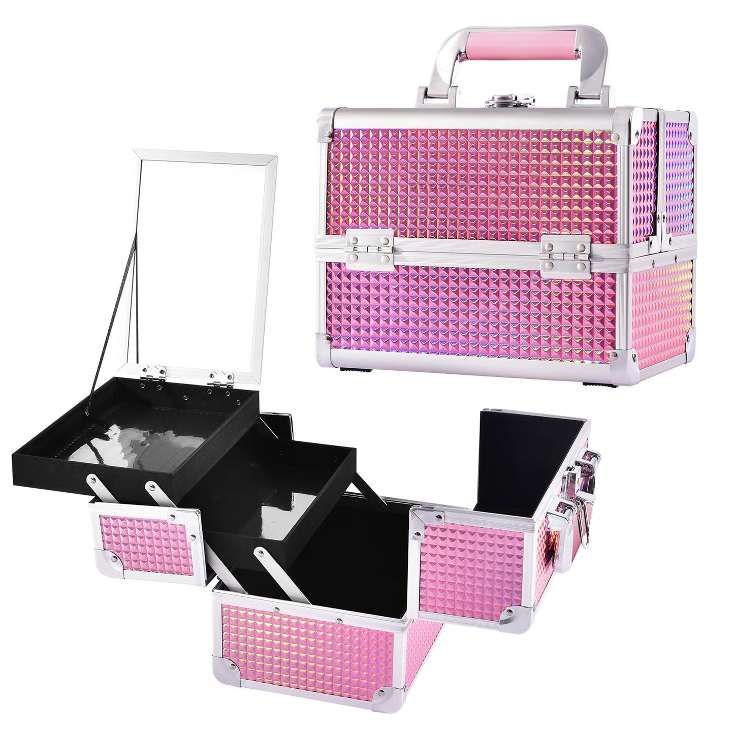 Joligrace Makeup Box Vanity Case Cosmetic Organiser Box Beauty Storage Train Case with Mirror, Lockable with Keys, Holographic Pink
