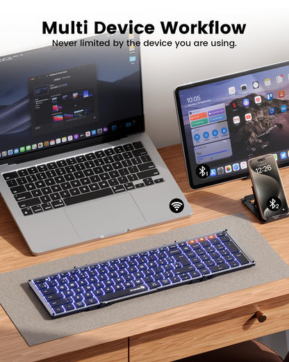 ProtoArc XK01 Plus Foldable Keyboard, Backlit Folding Portable Bluetooth Keyboard for Travel, Full Size External Wireless Keyboards with Backlight for iPad Surface Tablet Smartphone Laptop PC