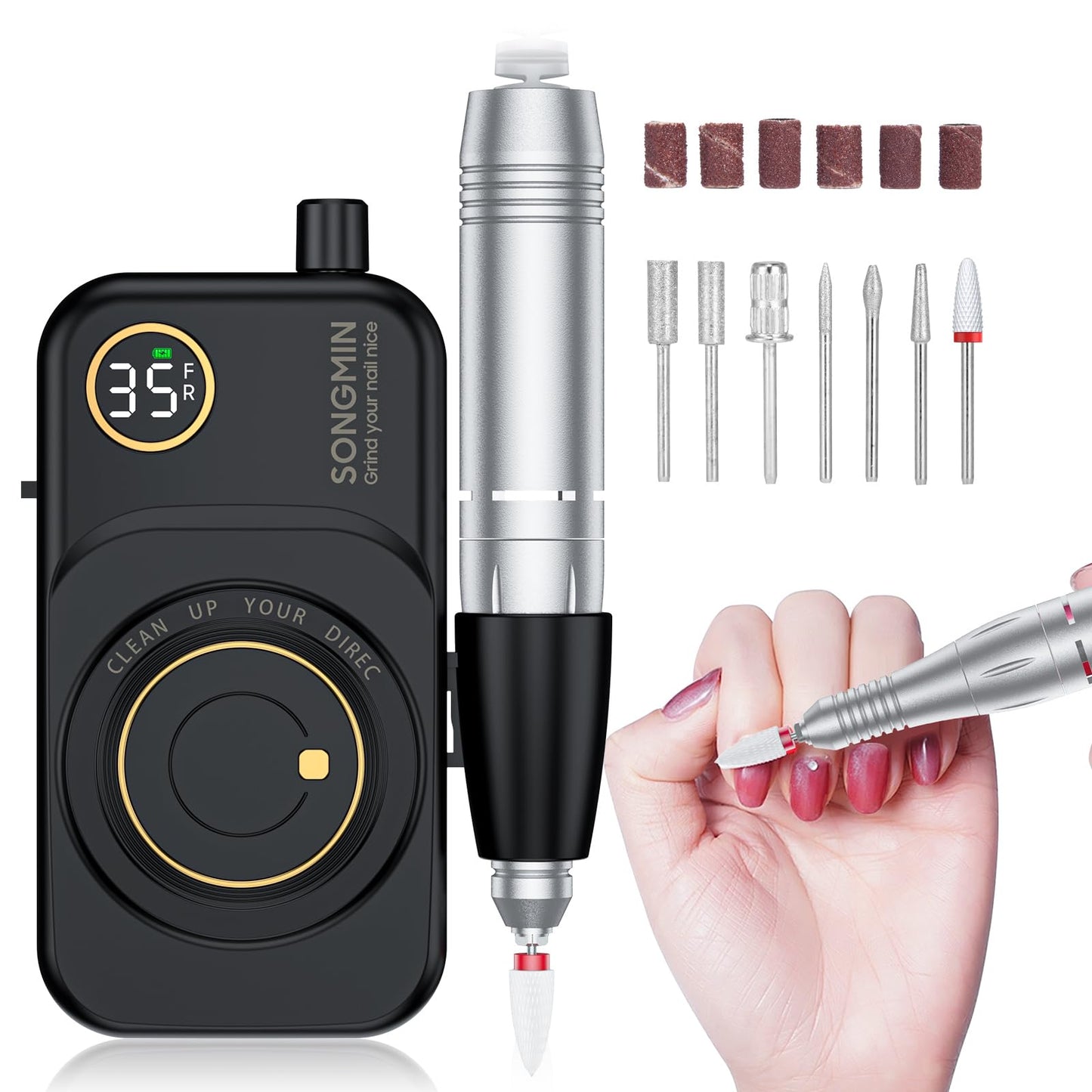 Professional Nail Drill 35000 RPM,SONGMIN Portable Cordless Efile with Bits Kit for Acrylic Nails Gel Polishing Removing,Rechargeable Electric Nail File Machine for Manicure,Pedicure Salon Home,Pink