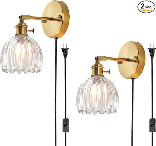 Plug in and Hardwired Wall Sconces, Luxury Vintage Tulip Crystal Glass Shade Wall Light with Switch for Bedside Bedroom Living Room (Tulip-Clear, 2)