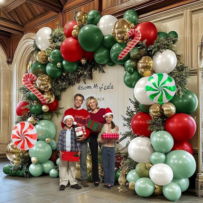 Christmas Balloon Arch Kit, Double Stuffed Red Green White Pearl Balloon Garland Sage Green Red Gold Balloons With Candy Cane Balloons for Christmas Birthday Xmas Santa Holiday New Year Party Decor