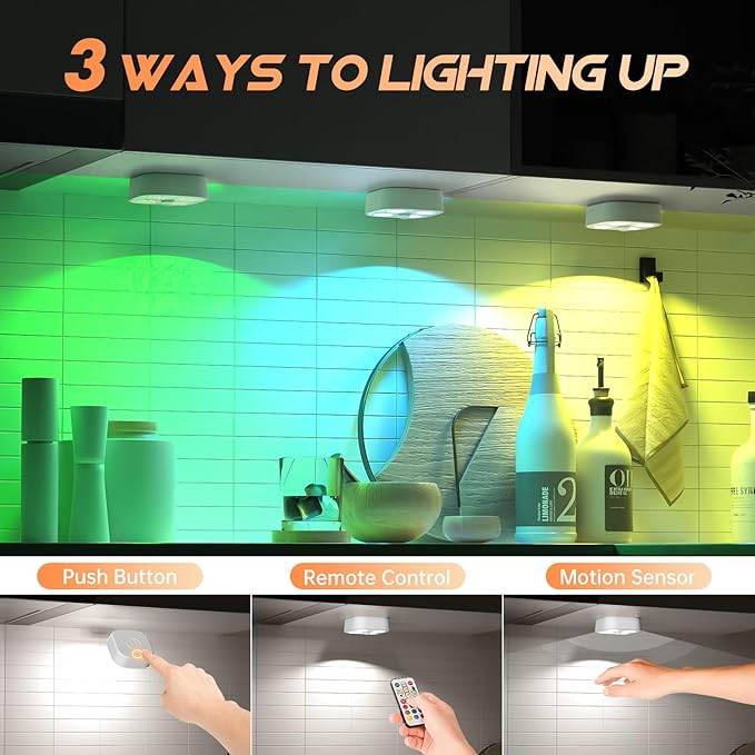 Wireless Step Light Rechargeable Puck Lights with Charging Station, RGB Motion Sensor Puck Light Under Cabinet Lighting with Remote Control, LED Closet Lights for Stair, Kitchen (3 Pcs)