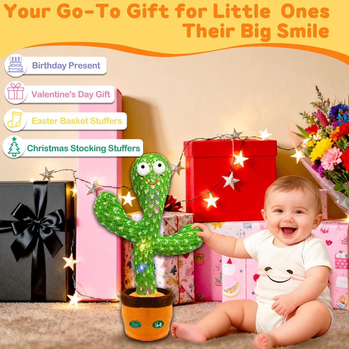Hunfur Dancing Mimicking Talking Cactus Toy,Funny Gift for Toddler 1 2 3 Year Old Boy Girl,Singing Record Repeat What You Say Light Up Baby Infant Toys 6-12 12-18 Months (Volume Adjustment)