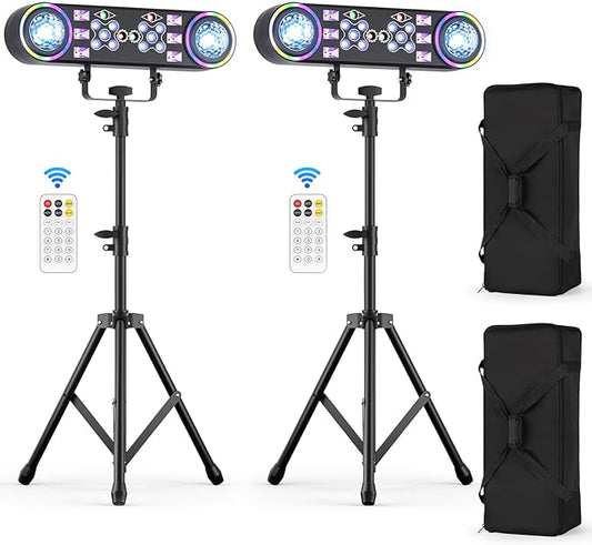80W Dj Lights with Stand,7 in 1 Party Light Dj Disco Lights Sound Activated DMX Wireless Control with Rotating Ball,Strobe,UV,Colorful Effect for Stage KTV Band Wedding with Carry Bag (Black, 2)