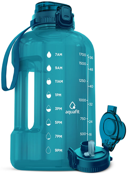 AQUAFIT 64 oz Water Bottle with Time Marker, Half Gallon Gym Bottle with Straw, Handle & 2-in-1 Lid