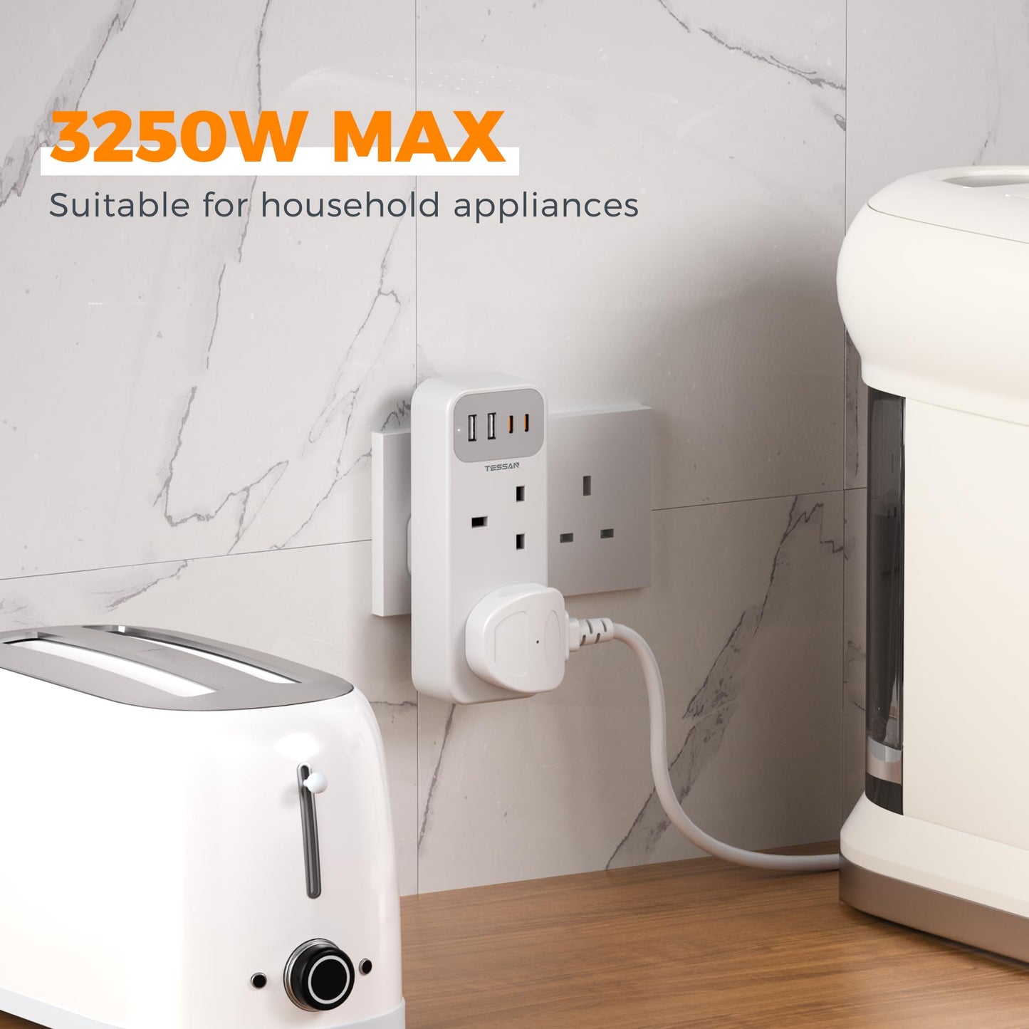 Double Plug Adaptor with 4 USB(2 USB C), TESSAN 2 Way Multi Plug Extension Adapter, UK 13A Fuse Multiplug Sockets Power Extender for Home, Kitchen, Office, School Supplies