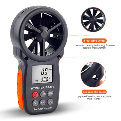 Digital Anemometer Handheld - BTMETER BT-100 Wind Speed Meter Gauge, Accurately Measure Wind Velocity Temperature Speed for CFM with MAX/MIN/AVG, Backlight LCD, HVAC