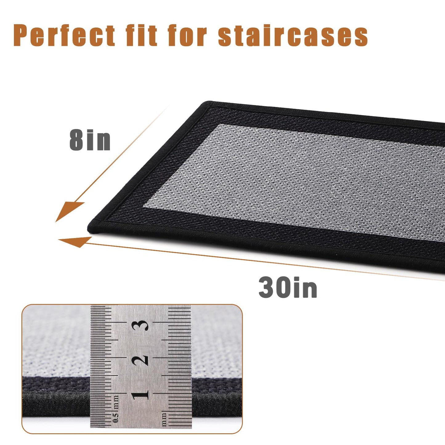 Stair Treads for Wooden Steps Indoor,12 Pack Non Slip Stair Runner 30inX8in with Non Slip Rubber Backing, 100% Polyester Soft Stair Carpet Treads for Kids、Elders and Pets, SmokeGray-Black