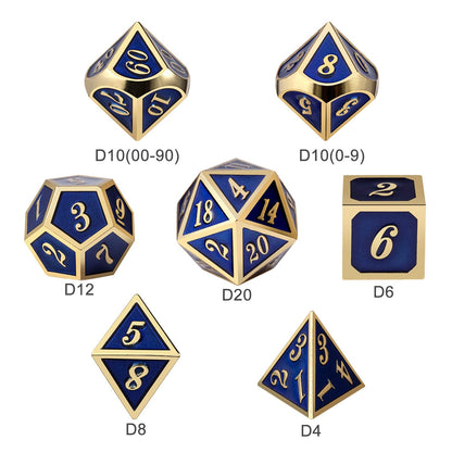 DnDnD Heavy Polyhedral Metal Dice Set with Metal Box, 7-die Shiny Blue Surface with Golden Number for RPG,Dungeons and Dragons,Pathfinder,Shadowrun,D&D,Role Palying Game and Math Teaching