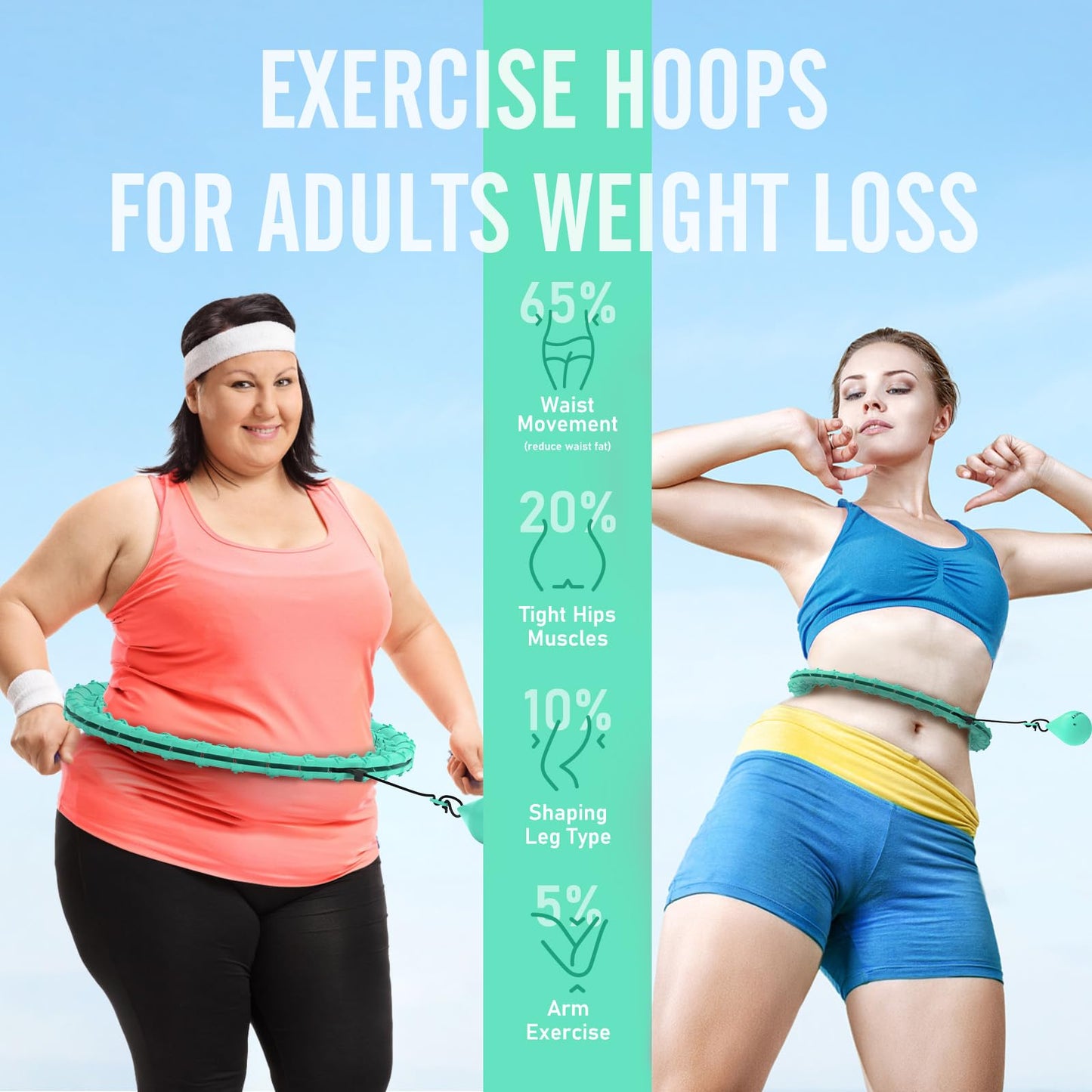 JKSHMYT Weighted Hula Circle Hoops for Adults Weight Loss, Infinity Fit Hoop Plus Size, 30 Detachable Links, Exercise Hoop for Women and Beginners (Cyan)