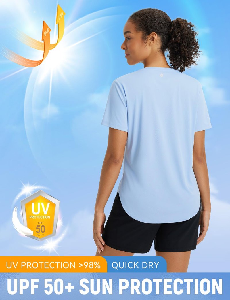baleaf Women’s Sun Shirt Short Sleeve Lightweight Quick Dry UPF 50+ V Neck Loose Fit Workout Top Running Hiking Travel Light Blue L