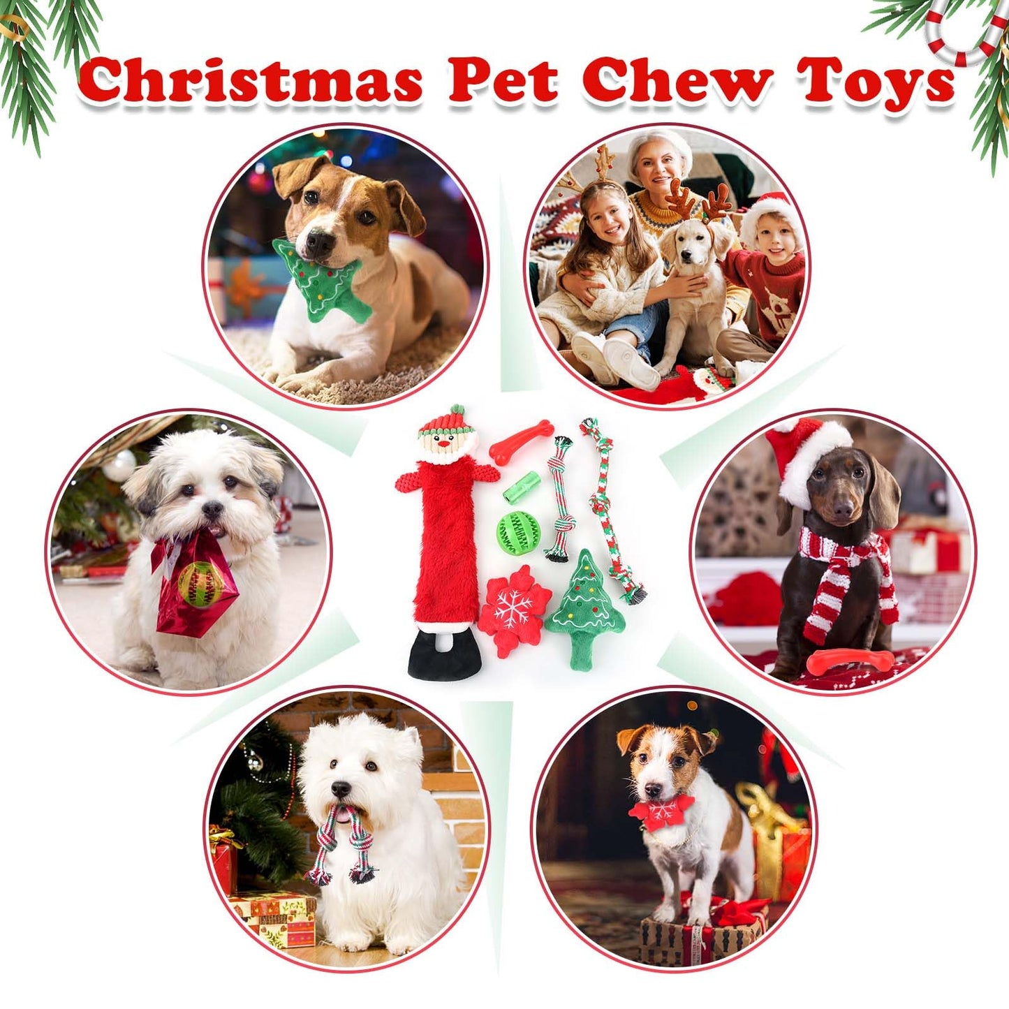 LOYEE Christmas Dog Toys 8 Pack - Santa Squeaky Plush Chew for Puppy, Durable Interactive Rope for Teething, Treating Ball and Bone Rubber for Small Dogs