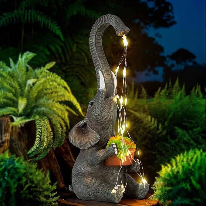 Elephant Garden Statue with Solar Watering Lights, Outdoor Resin Animal Sculpture for Patio, Lawn, Yard – Unique Gift for Women, Mom, Grandma (Dark Grey Succulents)