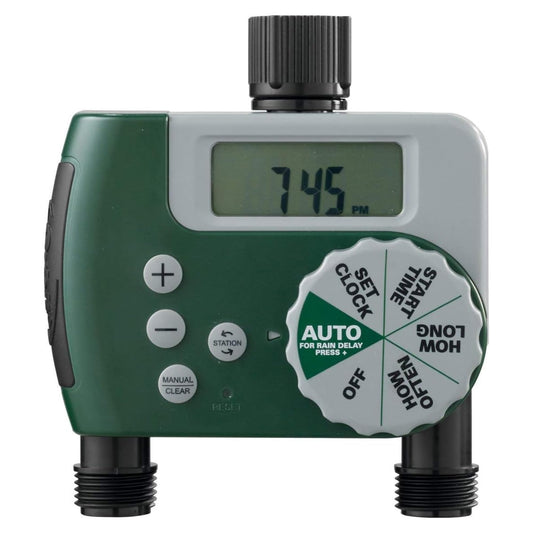 Orbit Programmable Digital Hose Watering Timer - 2 Outlet - Battery Powered - with LCD Screen - Built-in Rain Delay - Water-Resistant - 58910