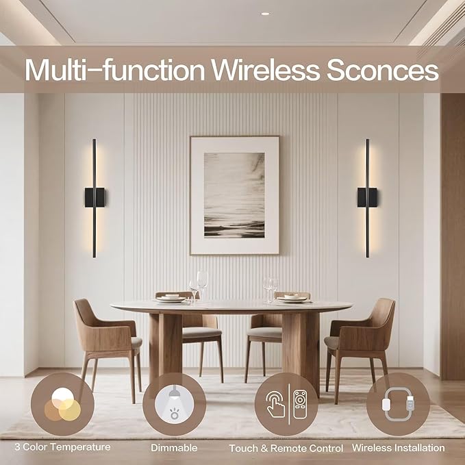 Rechargable Wall Sconce Set of Two, Modern Wireless Living Room Wall Decor Lights with Remote, 28.35Inch Dimmable Indoor Home Decor Lights for Bedroom, Living Room, Hallway (Black/Square)