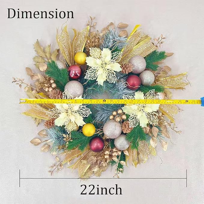 22inch Christams Wreath for Front Door, Artificial Gold Sparkling Flower Wreath, Class Gold Flower Ball Decoration, Used for Decorating Doors, Windows, Festive Hanging Decorations for Doors Mantel