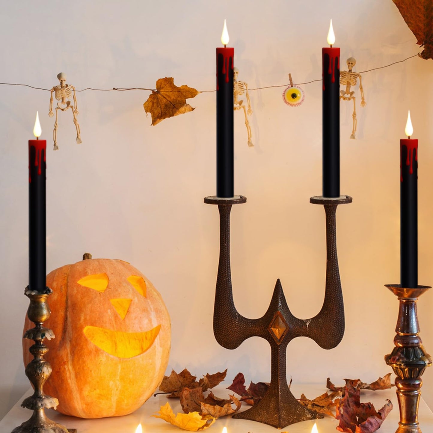 KunSwenn Halloween Black Flameless Taper Candles with Remote Timer, 4 Pcs Red Drip Wax LED Candlesticks with 3D Flickering Flame for Home Fall Indoor Halloween Decor(0.78 x 8.9 Inches)