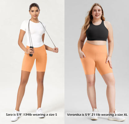ODODOS 8" Tummy Control Biker Shorts for Women with Pockets High Waist Running Workout Athletic Yoga Shorts, Neon Orange, Large