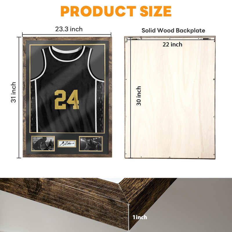 ASmileIndeep Jersey Frame Display Case, Large Shadow Box with 98% UV Protection Acrylic, Two Photo Frame One Signature Jersey Frame for Baseball Basketball Hockey Uniform, Vintage