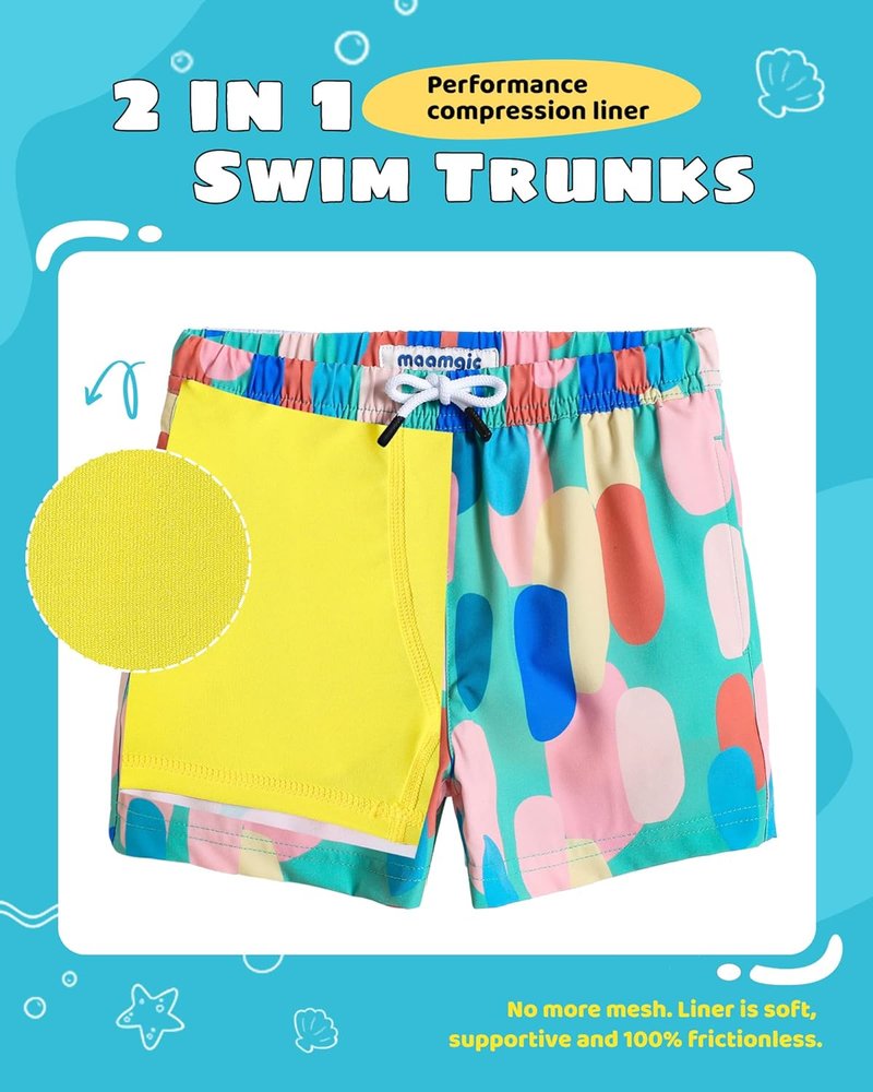 Boys Swim Trunks with Compression Liner - Toddler Stretch Swim Shorts for Comfort & Mobility