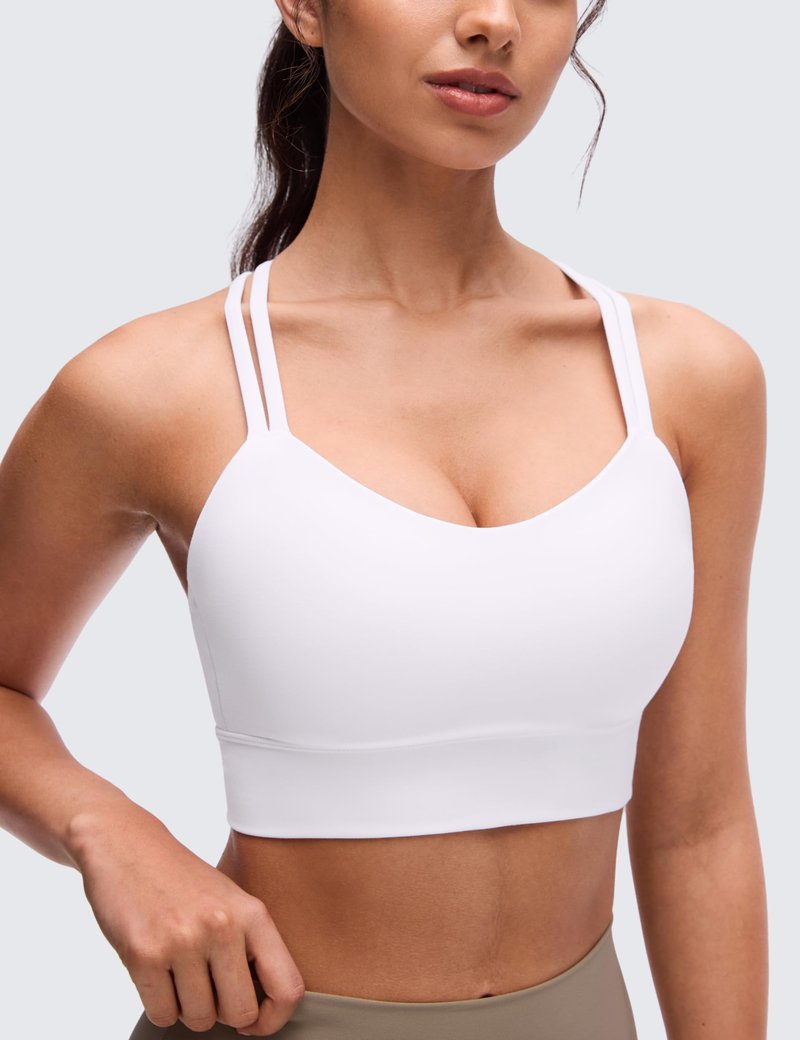 CRZ YOGA Softness Mold Butterluxe Strappy Longline Sports Bras for Women - Double Spaghetti Strap Workout Yoga Crop Top White Medium