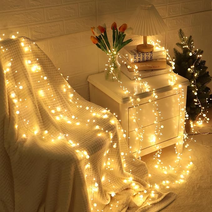 Copper Wire Firecracker Christmas Lights, 10FT 200LED Battery Operated Twinkle Cluster Fairy Lights for Christmas Tree with Remote for Bedroom Dorm Wreath DIY Wedding Christmas Decoration