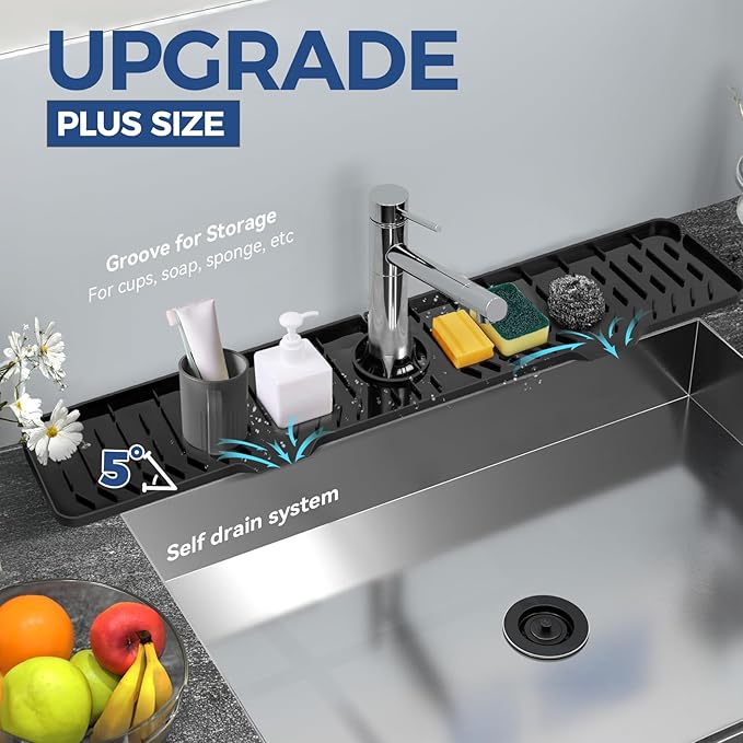 24" Splash Guard Plus Size Silicone Sink Faucet Drying Mat Handle Drip Catcher