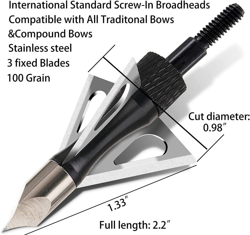 Archery Arrow Broadheads - 3-Blade 100 Grain Tips for Compound & Traditional Bows | Pack of 12