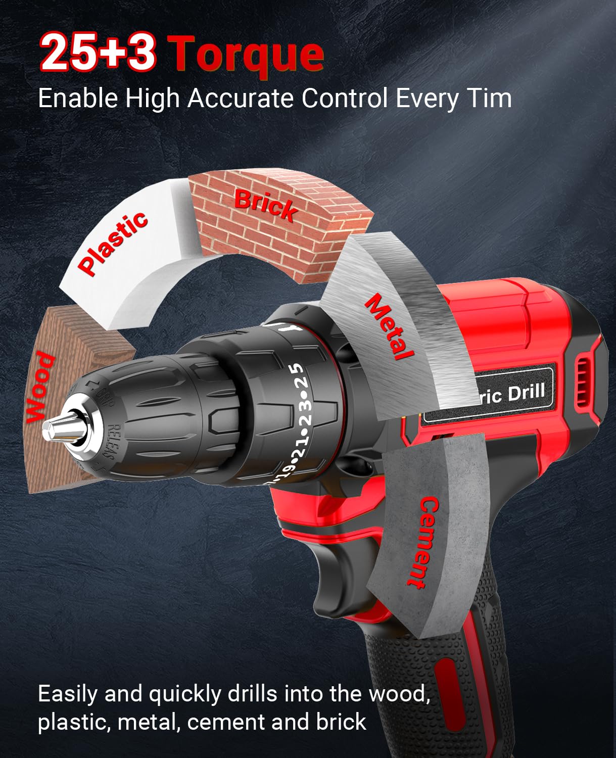 Power Drill Set 21V, Cordless Hammer Drill with 2 Batteries 2.0Ah,42N.m Max, 25+3 Torque, 2 Speed, LED Light, 20pcs Bits Electric Drills for Home