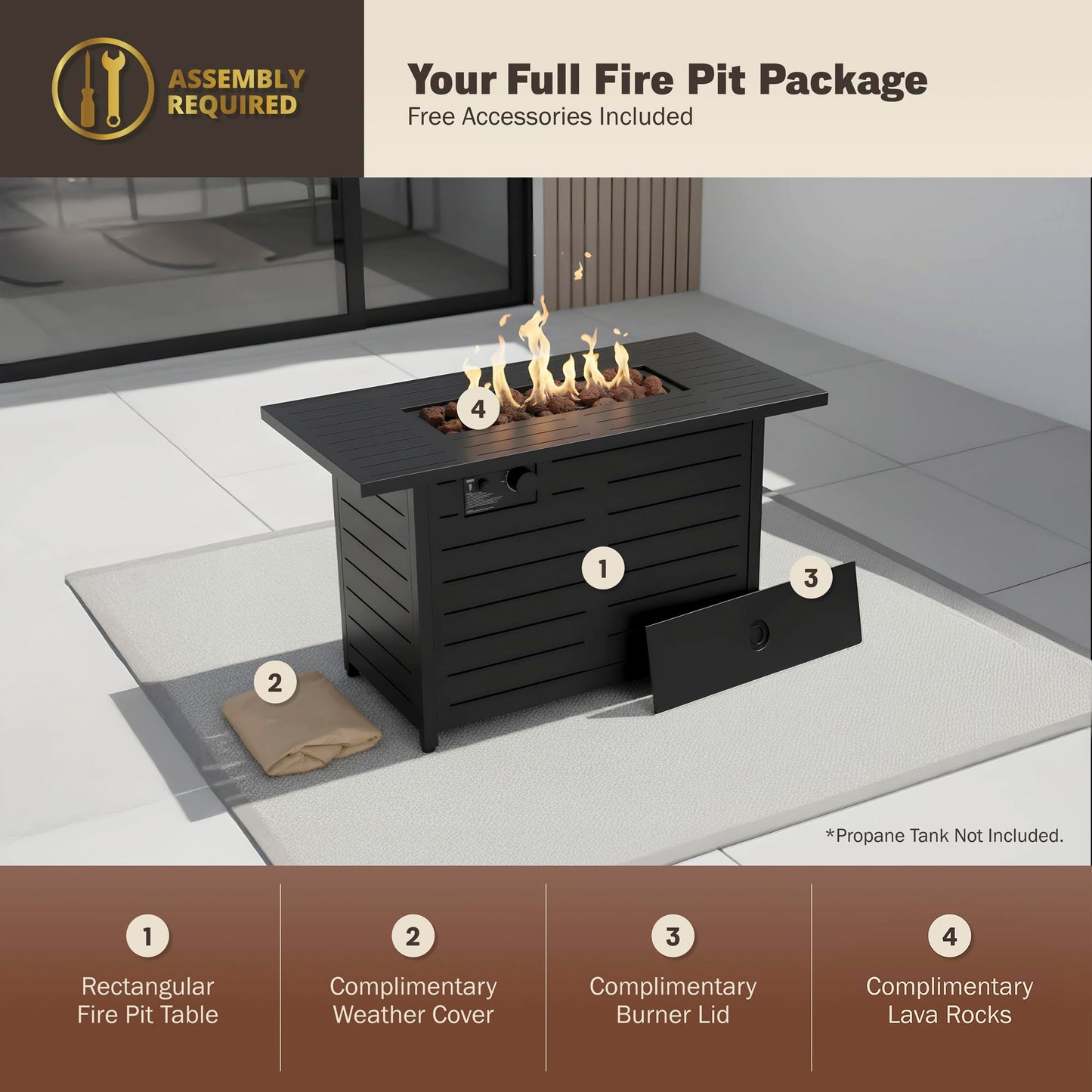 Kinger Home 42-Inch Ore Outdoor Propane Fire Pit Table 50000 BTU, Powder-Coated Stainless Steel Patio Firepit with Lava Rocks, Black